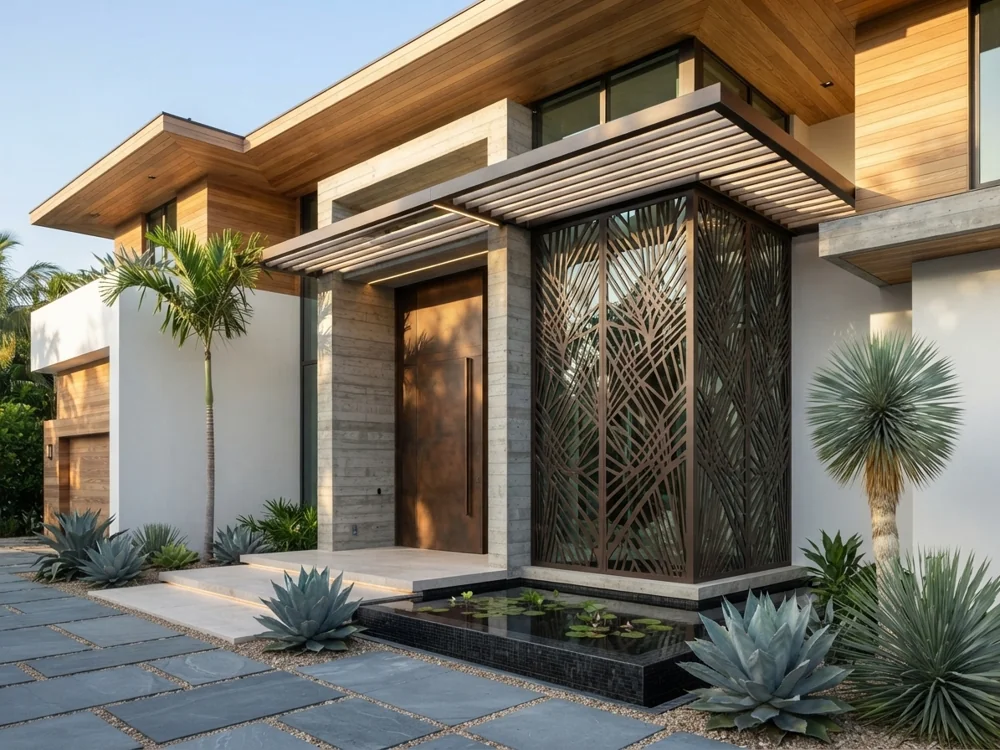 Architectural metal screens and horizontal louvers at a contemporary entrance